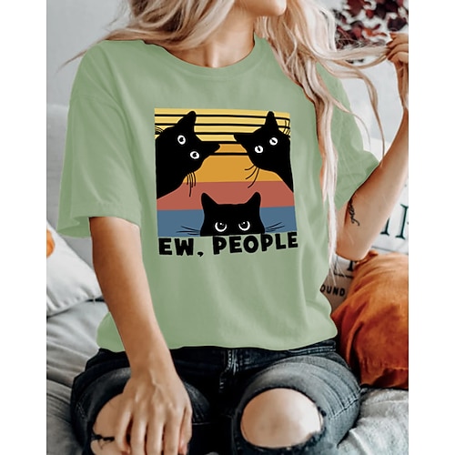 

Women's T shirt Tee Blue Pink Light Green Cat Print Short Sleeve Casual Weekend Basic Round Neck Regular Cotton Ew People Cat Painting S