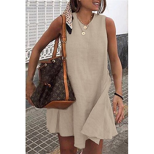 

Women'd Cotton And Linen New Solid Color Holiday Mini Blue Green Orange Gray Purple Yellow Dress 2022 S M L XL