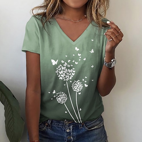 

Women's T shirt Tee Pink Blue Green Butterfly Dandelion Print Short Sleeve Casual Holiday Basic V Neck Regular Floral Butterfly Painting S