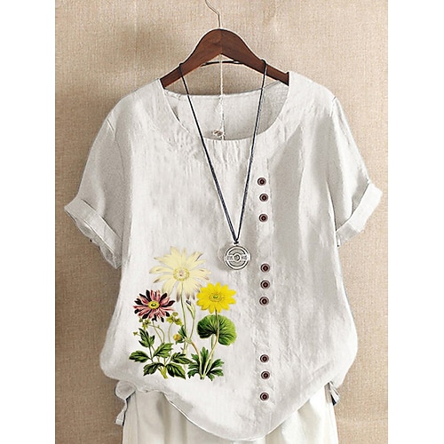 

Women's Floral Daisy Daily Holiday Weekend Shirt Short Sleeve Button Print Round Neck Tops Loose Green White Blue S