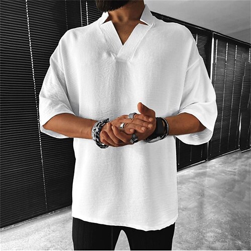 

Homens Camiseta Cor Sólida Decote V Casual Diário Manga Curta Roupa Algodão Esportes Moda Leve Grande e Alto / Verão