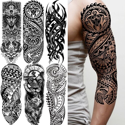 

6 pcs Tribal Maori Temporary Tattoo Sleeve For Men Women Adult Wolf Lion Tattoos Sticker Black Large Turtle Tiki Fake Tatoos Supplies