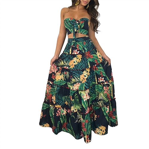 

Women's Swing Dress Maxi long Dress Green Sleeveless Floral Backless Cold Shoulder Print Spring Summer Strapless Stylish Casual Vacation 2022 M L XL XXL