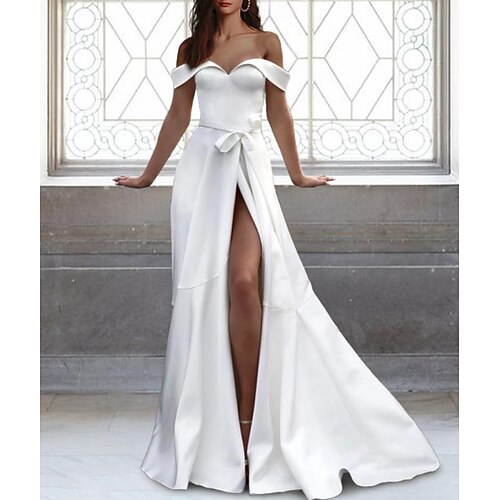 

A-Line Wedding Dresses Off Shoulder Sweep / Brush Train Stretch Fabric Sleeveless Simple Sexy Backless with Bow(s) Split Front 2022