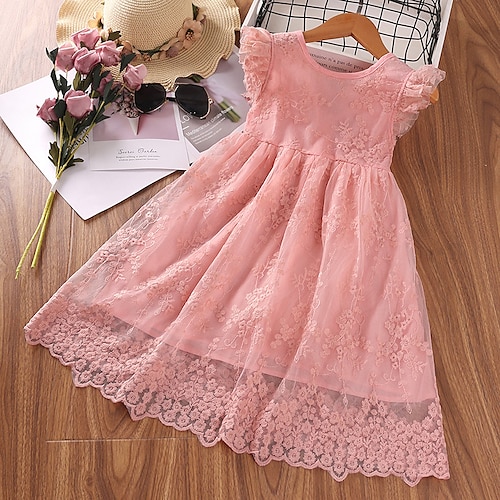 

Kids Girls' Dress Solid Colored Flower Short Sleeve Party Special Occasion Embroidered Cute Princess Polyester Midi A Line Dress Summer Spring 2-8 Years Pink Red