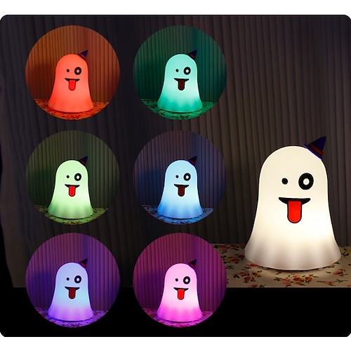 

Cute Ghost Night Light Silicone Touch Sensing Rechargeable Dimmable 7 Colors USB Rechargeable LED Night Light for Kids Baby Halloween Props Gift Bedroom Sleeping Lamp