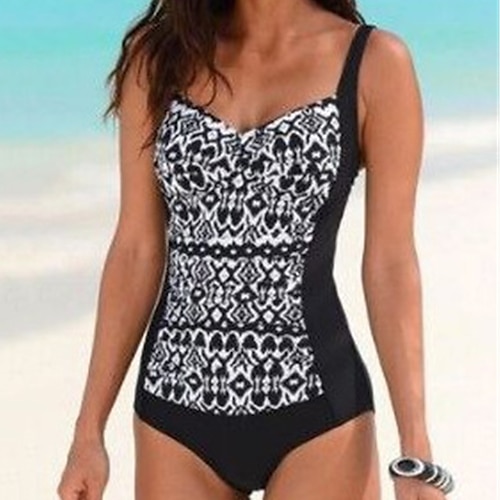 

Women's Swimwear One Piece Monokini Bathing Suits Plus Size Swimsuit Tummy Control Open Back Printing High Waisted Floral Striped White Black Gray Fuchsia Strap Bathing Suits New Vacation Fashion