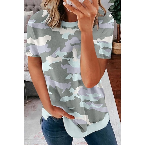 

Women's Camo Leopard Casual Weekend Painting T shirt Tee Short Sleeve Print Round Neck Basic Essential Tops White Light Green Army Green S / 3D Print