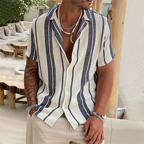 

Men's Shirt Striped Turndown Street Casual Button-Down Short Sleeve Tops Casual Fashion Comfortable Blue / White / Beach