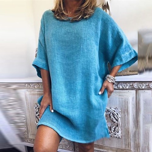 

Women's Cotton Linen Dress A Line Dress Mini Dress Cotton Blend Casual Comfort Home Daily Crew Neck Rolled Cuff Half Sleeve Summer Spring Loose Fit White Pink Blue Pure Color S M L XL 2XL