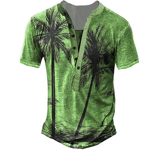 

Men's T shirt Tee Henley Shirt Tee Graphic Coconut Tree Stand Collar Green Blue Khaki 3D Print Plus Size Outdoor Daily Short Sleeve Button-Down Print Clothing Apparel Basic Designer Casual Big and