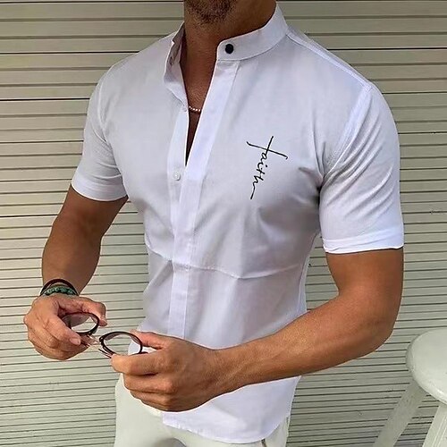 

Men's Shirt Print Solid Color Letter Standing Collar Street Casual Button-Down Print Half Sleeve Tops Designer Casual Fashion Breathable A B White / Summer