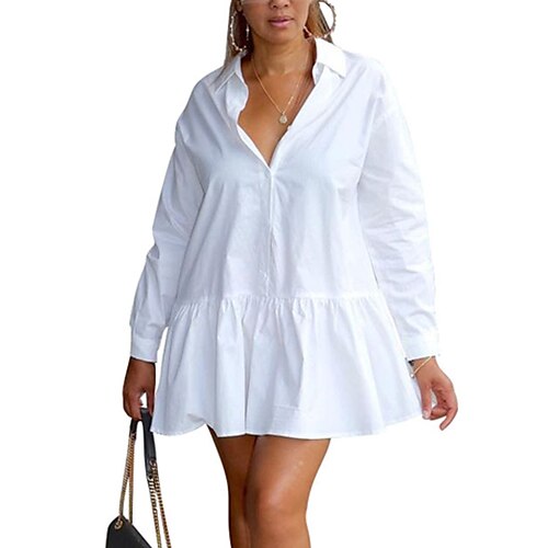

Women's Shirt Dress Short Mini Dress White Pink Yellow Fuchsia Long Sleeve Solid Color Ruched Button Spring Summer Shirt Collar Stylish Elegant Casual 2022 S M L XL XXL