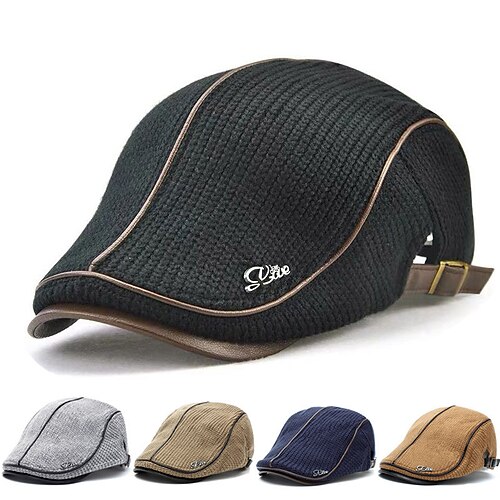 

High Quality Autumn Winter Solid Knitted Beret Leather Flat Cap for Men British Casual Visor Hat Snapback Hat
