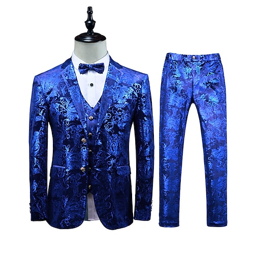 

Silver Gold Royal Blue Men's Wedding Party / Evening Homecoming Suits 3 Piece Patterned Tailored Fit Single Breasted Two-buttons 2022