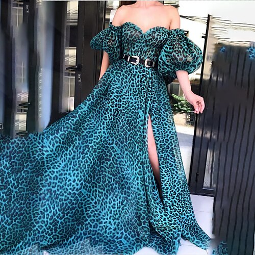 

Women's Swing Dress Maxi long Dress Blue Short Sleeve Leopard Backless Split Cold Shoulder Spring Summer Off Shoulder Party Elegant 2022 S M L XL / Party Dress