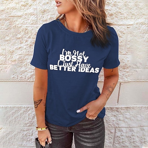 

Women's T shirt Tee Funny Tee Shirt Green Blue Pink Print Short Sleeve Casual Weekend Basic Round Neck Regular Cotton I'm Not Bossy I Just Have Better Ideas Painting S