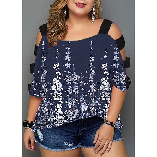 

Women's Plus Size Tops Blouse Shirt Floral Cut Out Print Half Sleeve V Neck Streetwear Daily Back to School Polyester Spring Summer White Blue
