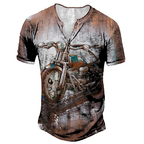 

Men's Henley Shirt Tee T shirt Tee 3D Print Graphic Motorcycle Plus Size Henley Daily Sports Button-Down Print Short Sleeve Tops Designer Basic Casual Big and Tall Light Brown / Summer