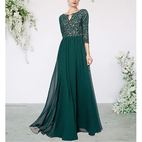 

A-Line Mother of the Bride Dress Plus Size Elegant Jewel Neck Floor Length Chiffon Lace 3/4 Length Sleeve with Pleats 2022
