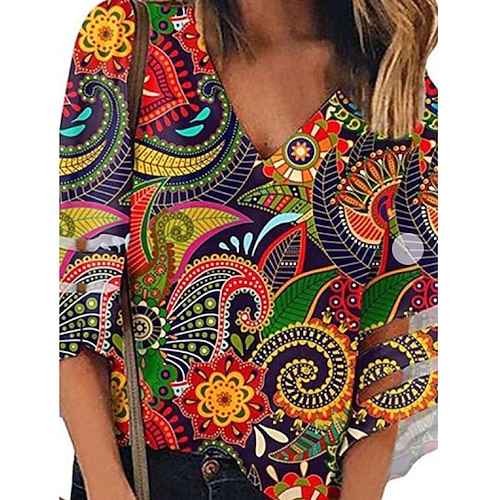 

Women's Blouse Shirt Yellow Floral Print Half Sleeve Holiday Weekend Streetwear Ethnic V Neck Regular Floral M / 3D Print