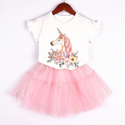 

Kids Girls' T-shirt Skirt Clothing Set 2 Pieces Short Sleeve Pink Unicorn Ruched Print Street Outdoor Active Daily 2-8 Years