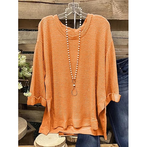 

Women's Plus Size Tops Blouse Shirt Plain Asymmetric 3/4 Length Sleeve Crewneck Basic Daily Going out Cotton Fall Winter Orange