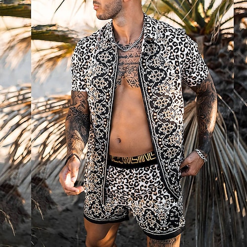 

Men's Shirt Set Summer Hawaiian Shirt Leopard Floral Turndown Black 3D Print Outdoor Casual Short Sleeve 3D Print Button-Down Clothing Apparel Fashion Casual Hawaiian Comfortable / Spring