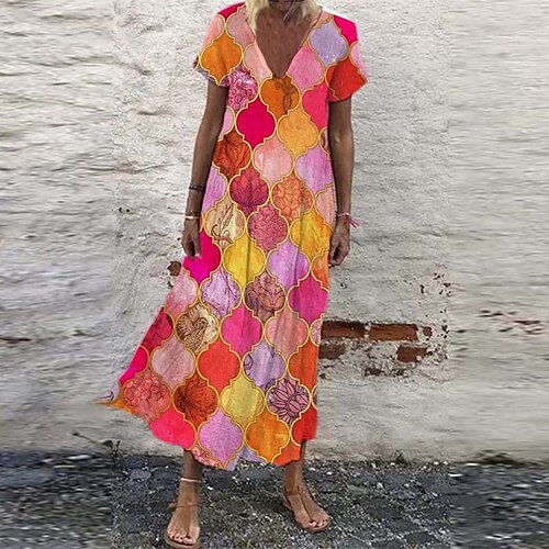 

Women's Shift Dress Maxi long Dress Pink Short Sleeve Color Block Print Spring Summer V Neck Elegant Casual Vacation 2022 S M L XL XXL 3XL
