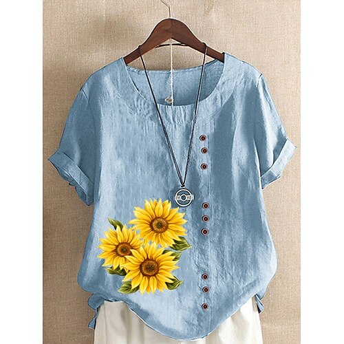 

Women's Floral Daisy Daily Holiday Weekend Shirt Short Sleeve Button Print Round Neck Tops Loose Green White Blue S