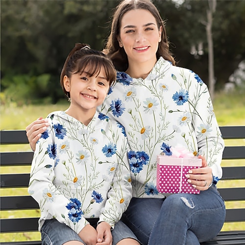 

Mommy and Me Hoodie Floral Sports Outdoor Print Blue Red Long Sleeve Active Matching Outfits