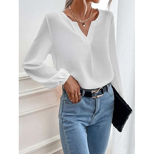 

Women's Blouse Shirt Green White Black Plain Long Sleeve Daily Work Streetwear Casual V Neck Regular Lantern Sleeve S