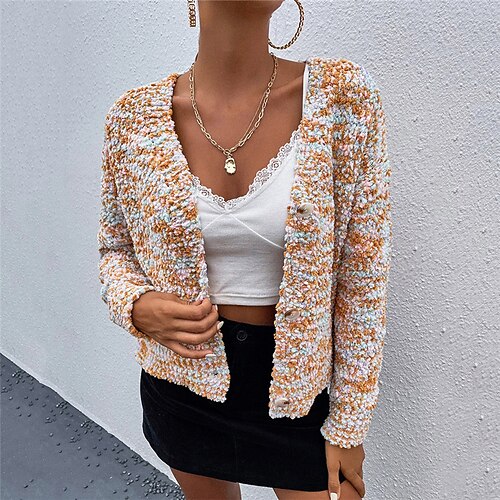 

Women's Cardigan Sweater Jumper Crochet Knit Button Knitted Color Gradient V Neck Stylish Casual Outdoor Daily Spring Summer Orange S M L / Long Sleeve / Holiday / Regular Fit / Going out