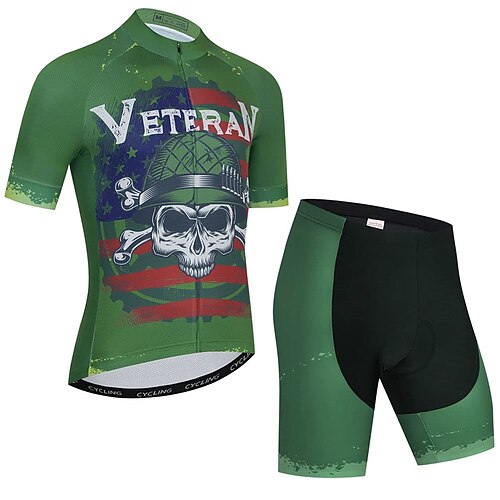 

21Grams Men's Cycling Jersey with Shorts Short Sleeve Mountain Bike MTB Road Bike Cycling Green Skull Bike Clothing Suit 3D Pad Breathable Quick Dry Moisture Wicking Back Pocket Polyester Spandex