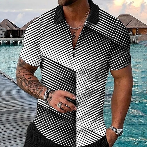 

Men's Collar Polo Shirt Golf Shirt Linear Turndown Black / White 3D Print Street Daily Short Sleeve Zipper 3D Clothing Apparel Fashion Casual Breathable Comfortable / Beach