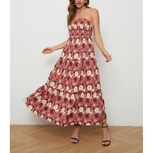 

Women's A Line Dress Midi Dress Red Sleeveless Floral Print Summer Strapless Elegant Vacation Fashion 2022 S M L XL