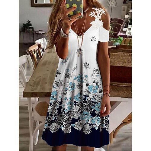 

Women's A Line Dress Knee Length Dress Green White Short Sleeve Floral Lace Cold Shoulder Print Spring Summer V Neck Casual Vacation 2022 S M L XL XXL 3XL