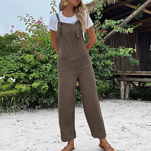 

Women's Overall Pocket Solid Color Square Neck Casual Street Daily Regular Fit Sleeveless Light Brown S M L Spring