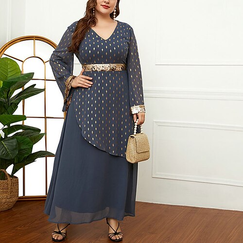 

Women's Plus Size Party Dress Print V Neck Sequins Long Sleeve Fall Winter Sexy Sequins Prom Dress Maxi long Dress Party Daily Dress / Sequin Dress / Ruched / Mesh
