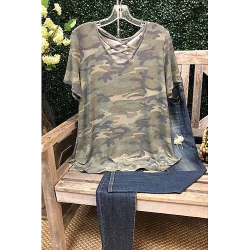 

ins independent station hot-selling hanging auction 2022 european and american women's camouflage neckline cross design short-sleeved t-shirt