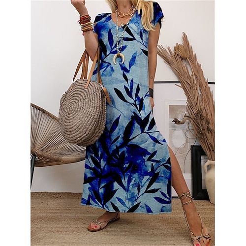 

Femme Robe casual Manche Courte Printemps Eté Fendu Imprimer Floral Col V 2022 Bleu S M L XL XXL 3XL