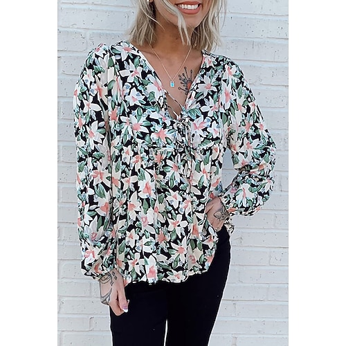 

Women's Floral Daily Weekend Floral Blouse Peplum Shirt Long Sleeve Lace up Flowing tunic Print V Neck Casual Streetwear Tops Green Blue Pink S / 3D Print