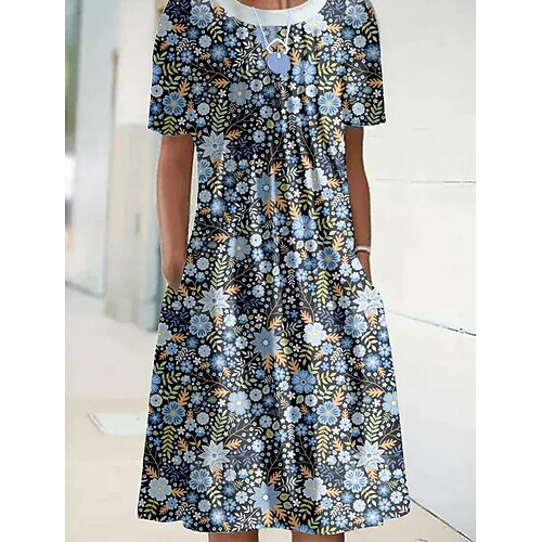 

Women's A Line Dress Midi Dress Blue Short Sleeve Print Print Spring Summer Crew Neck Elegant Casual 2022 S M L XL XXL 3XL