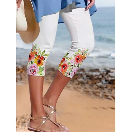 

Women's Pants Trousers Capri shorts Blue Purple Pink Mid Waist Casual / Sporty Athleisure Holiday Weekend Print Micro-elastic Calf-Length Comfort Flower / Floral S M L XL XXL