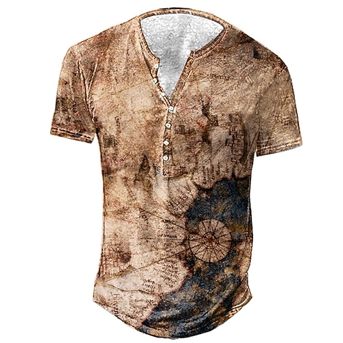 

Men's T shirt Tee Henley Shirt Tee Graphic Vintage Henley Brown 3D Print Plus Size Outdoor Daily Short Sleeve Button-Down Print Clothing Apparel Basic Designer Casual Big and Tall / Summer / Summer