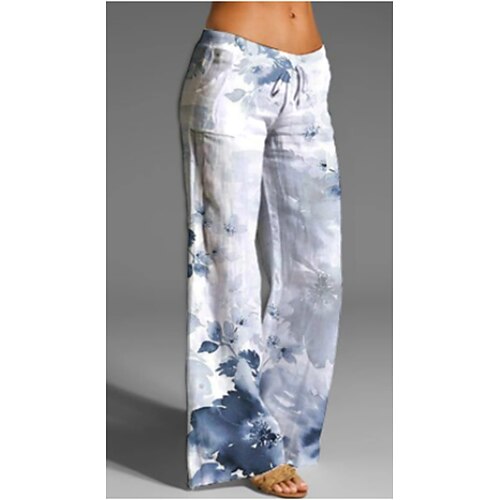 

Women's Culottes Wide Leg Chinos Pants Trousers Blue White Mid Waist Fashion Holiday Weekend Print Micro-elastic Full Length Comfort Flower / Floral S M L XL XXL