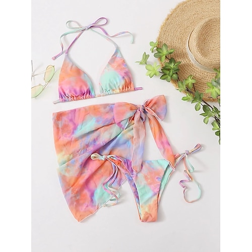 

Mulheres Roupa de Banho Biquíni Três Peças Normal roupa de banho Frente Única Estampado Corda Tintura Tie Dye Laranja Nadador Decote em V-wire Fatos de banho novo Férias Sensual / Doce / Moderno