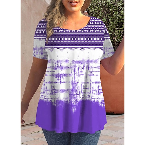 

Women's Plus Size Tops T shirt Tee Tie Dye Geometry Print Short Sleeve Crewneck Streetwear Preppy Daily Going out Cotton Spandex Jersey Spring Summer Blue Purple