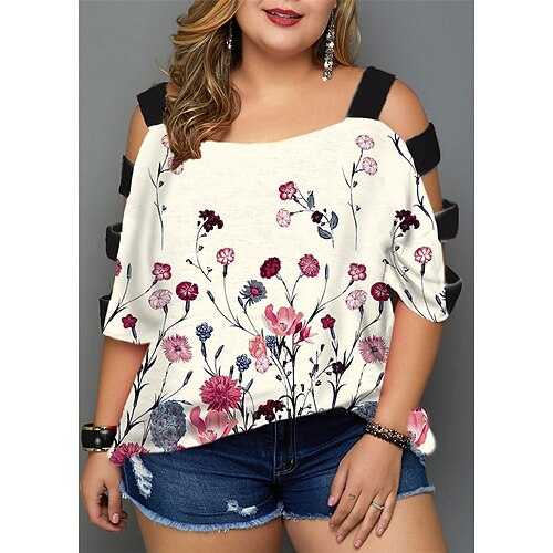

Women's Plus Size Tops Blouse Shirt Floral Cut Out Print Half Sleeve V Neck Streetwear Daily Going out Polyester Spring Summer Green White