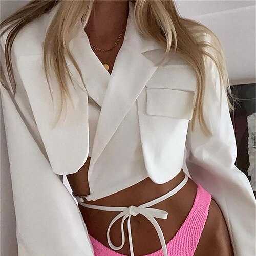 

Women's Blazer Outdoor Street Going out Spring Summer Short Coat Regular Fit Breathable Streetwear Elegant Jacket Long Sleeve Solid Color Stylish White Black Gray